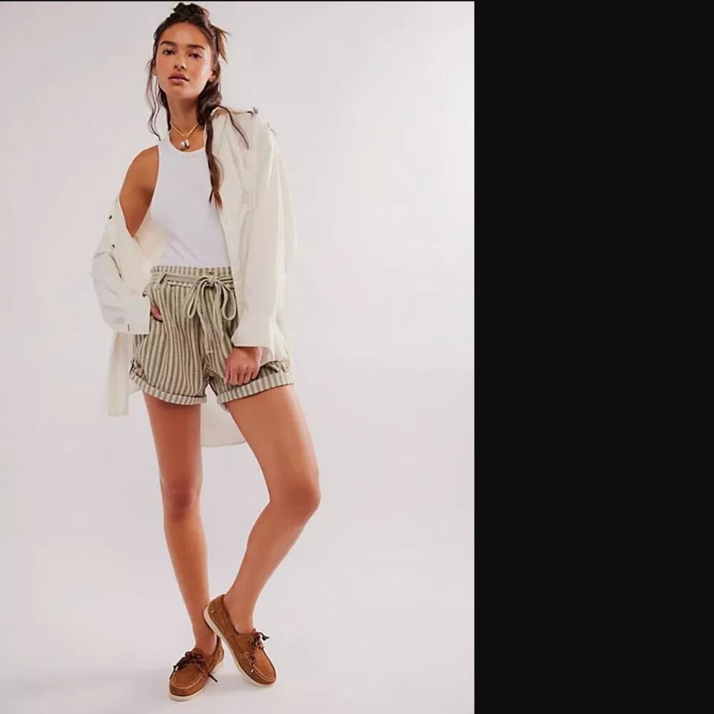 Free People High Waist Striped Shorts - Green and White